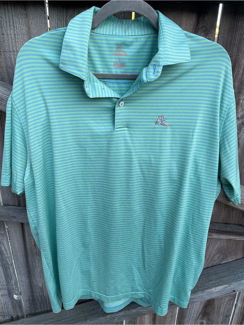 Rhoback Birdie Stripe Performance Polo Palm Green Maritime Blue Dog Logo Men’s